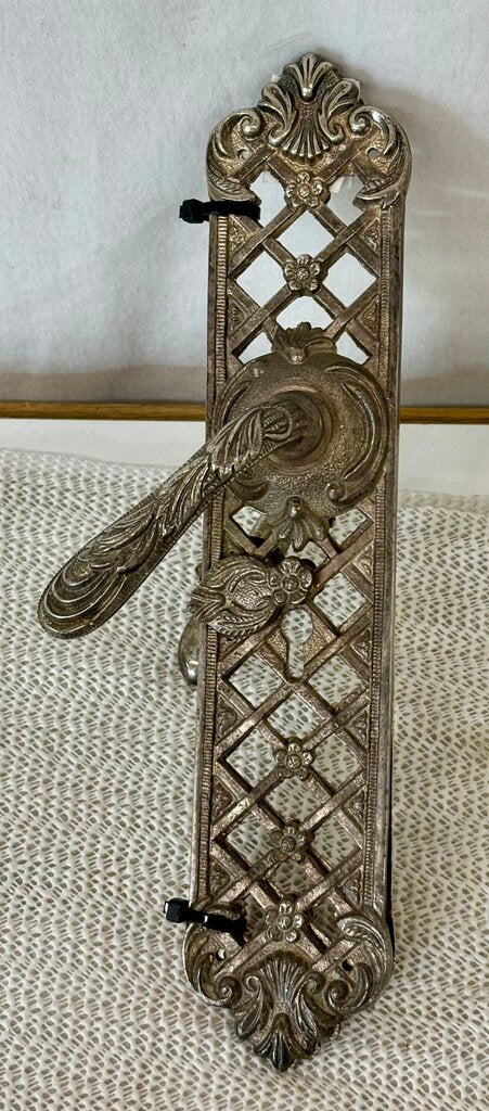Vintage French Art Nouveau Cast Silver Nickel Door Handles w/ Keyholes (2 Pcs Set)