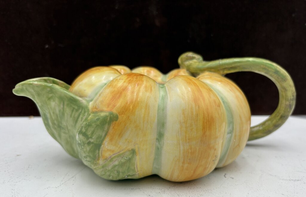 A.G. Italian Majolica Pumpkin Teapot Signed Bottom (No Lid)
