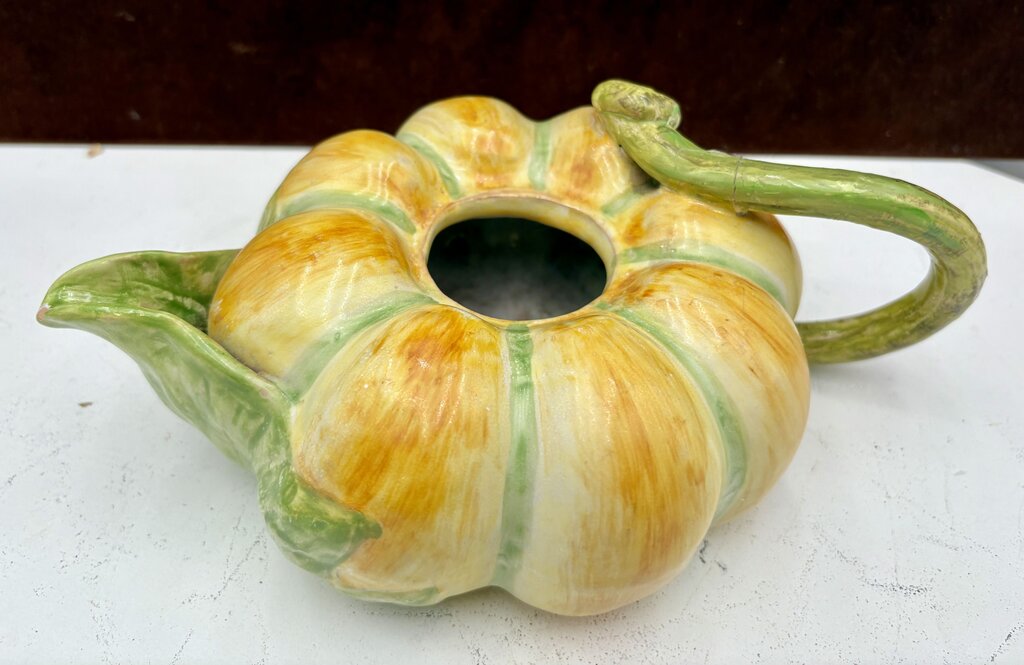 A.G. Italian Majolica Pumpkin Teapot Signed Bottom (No Lid)