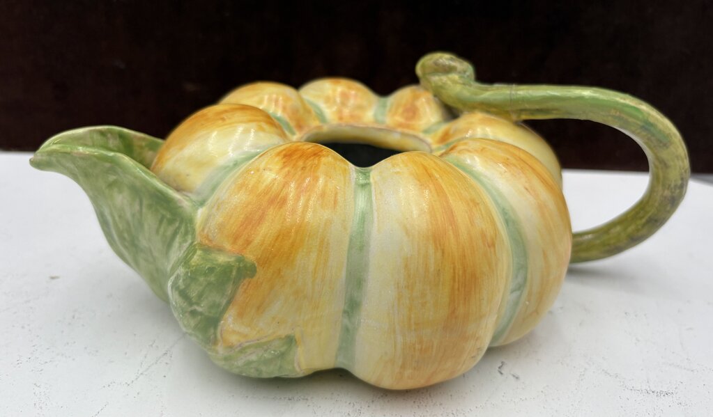A.G. Italian Majolica Pumpkin Teapot Signed Bottom (No Lid)