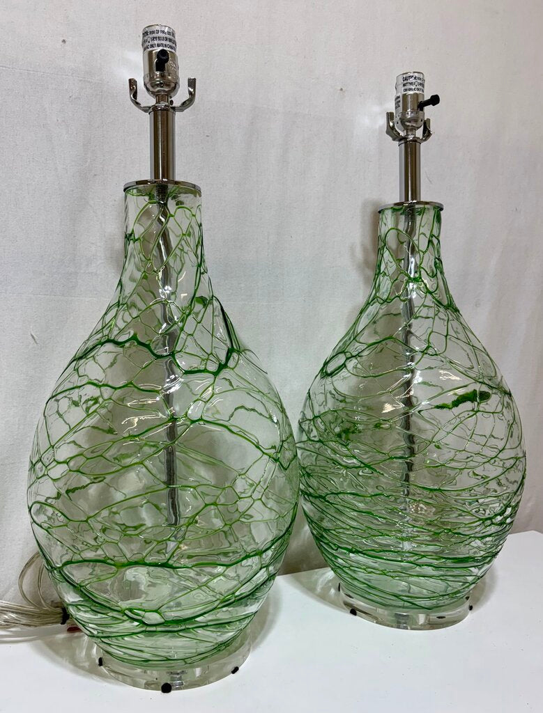 Chrome & Hand Blown Green Art Glass Table Lamp (PAIR)