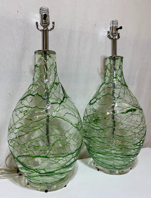 Chrome & Hand Blown Green Art Glass Table Lamp (PAIR)