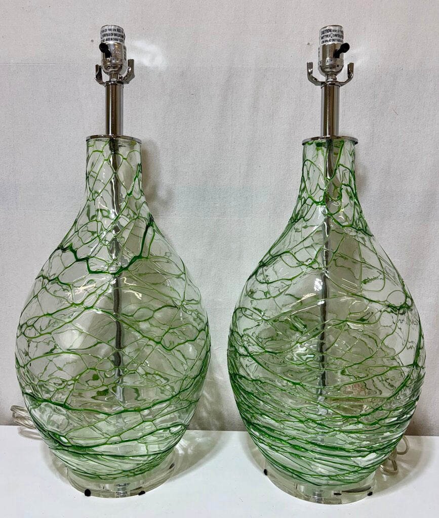 Chrome & Hand Blown Green Art Glass Table Lamp (PAIR)