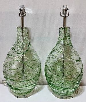 Chrome & Hand Blown Green Art Glass Table Lamp (PAIR)