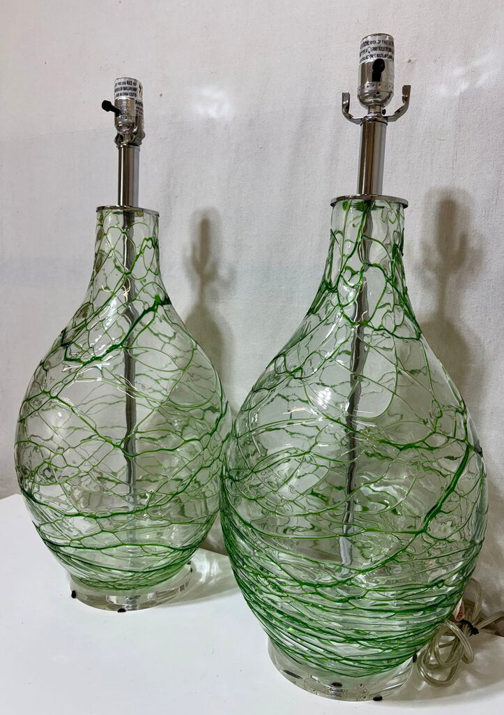 Chrome & Hand Blown Green Art Glass Table Lamp (PAIR)