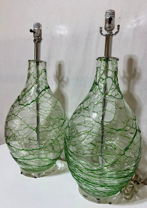Chrome & Hand Blown Green Art Glass Table Lamp (PAIR)