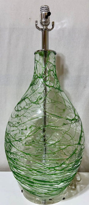 Chrome & Hand Blown Green Art Glass Table Lamp (PAIR)