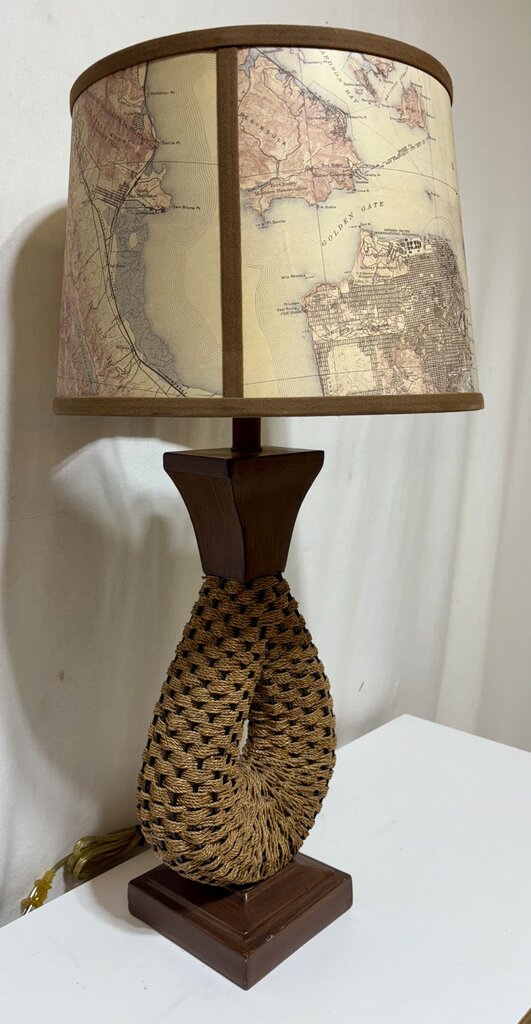 MCM Woven Jute Wire Faux Wood Finish Metal Table Lamp (PAIR)
