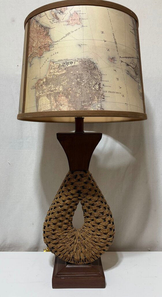 MCM Woven Jute Wire Faux Wood Finish Metal Table Lamp (PAIR)