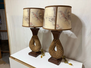 MCM Woven Jute Wire Faux Wood Finish Metal Table Lamp (PAIR)