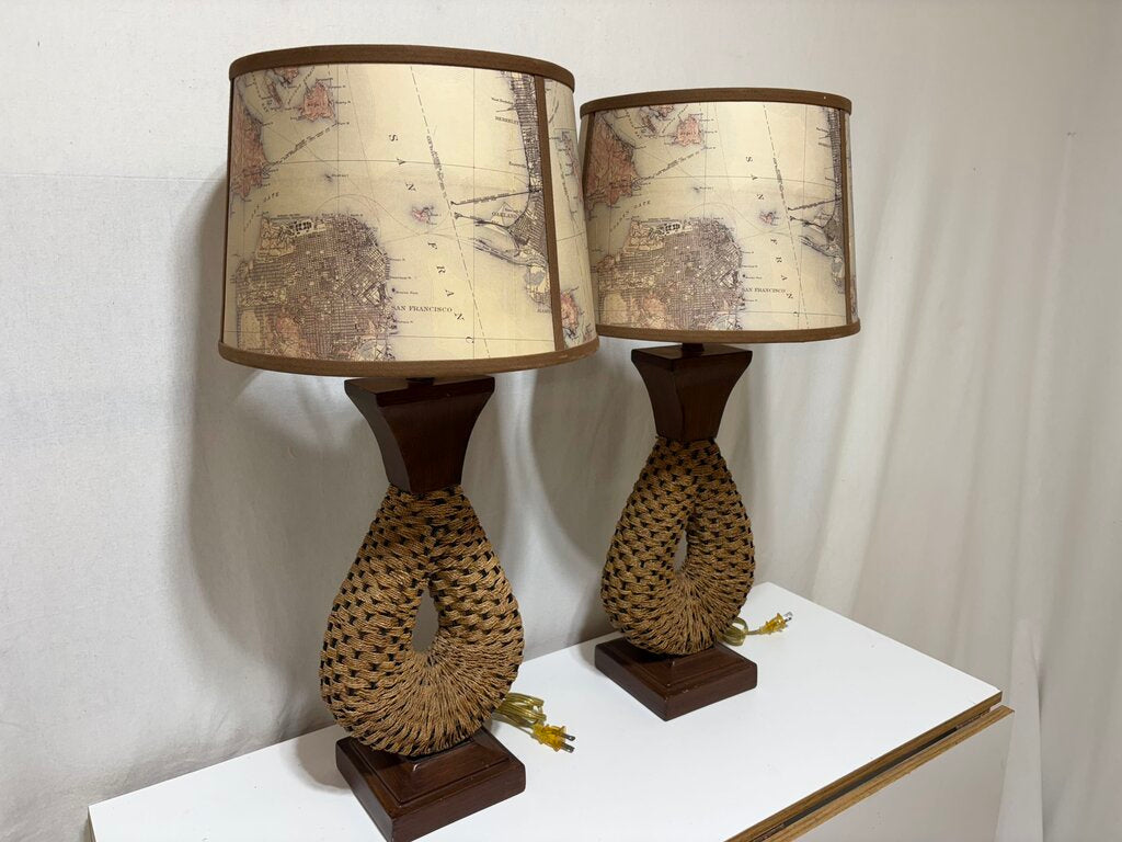 MCM Woven Jute Wire Faux Wood Finish Metal Table Lamp (PAIR)