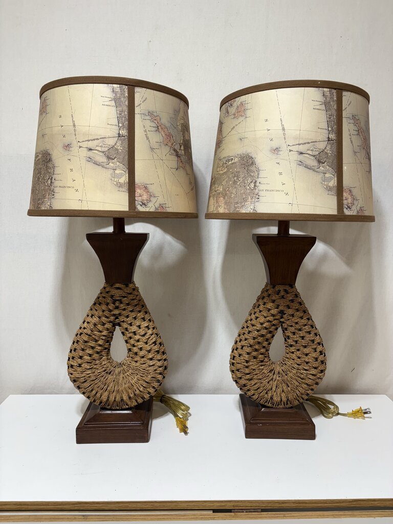 MCM Woven Jute Wire Faux Wood Finish Metal Table Lamp (PAIR)