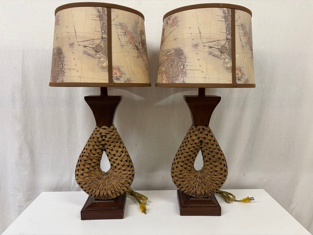 MCM Woven Jute Wire Faux Wood Finish Metal Table Lamp (PAIR)