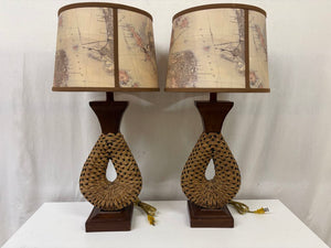 MCM Woven Jute Wire Faux Wood Finish Metal Table Lamp (PAIR)