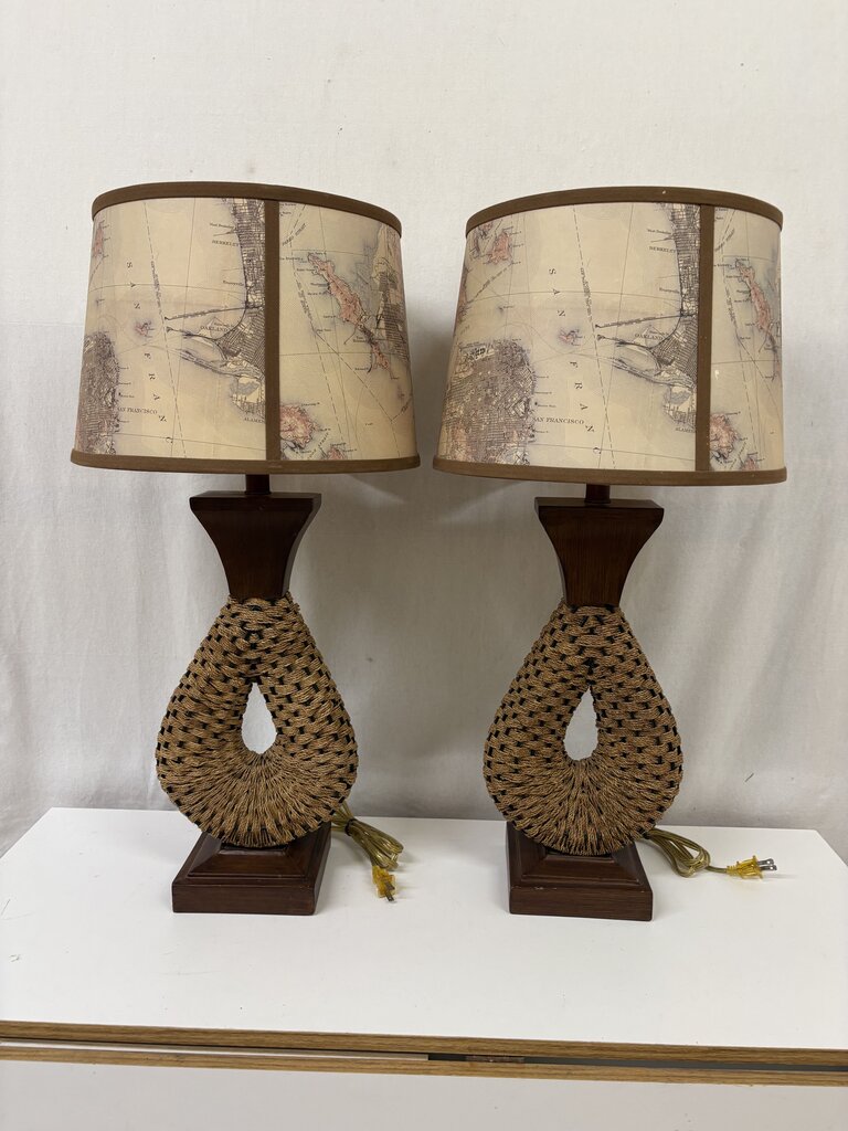 MCM Woven Jute Wire Faux Wood Finish Metal Table Lamp (PAIR)