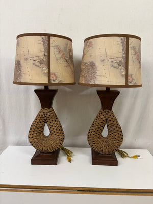 MCM Woven Jute Wire Faux Wood Finish Metal Table Lamp (PAIR)