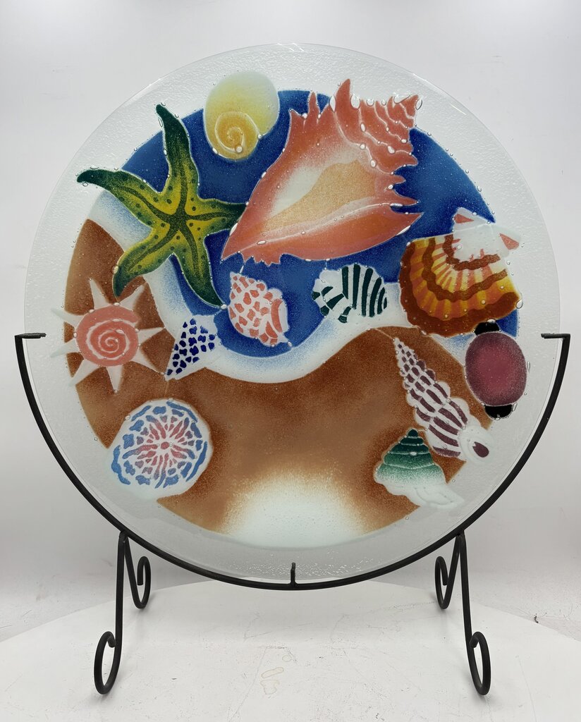 Peggy Karr Fused Glass Colorful Seashells Blown Glass Platter on Custom Forged Iron Stand Signed (2Pcs)