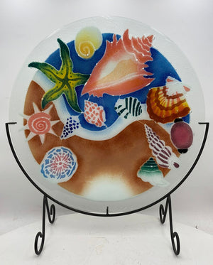 Peggy Karr Fused Glass Colorful Seashells Blown Glass Platter on Custom Forged Iron Stand Signed (2Pcs)