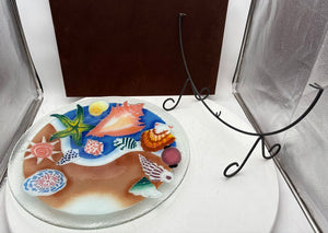 Peggy Karr Fused Glass Colorful Seashells Blown Glass Platter on Custom Forged Iron Stand Signed (2Pcs)