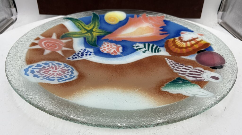 Peggy Karr Fused Glass Colorful Seashells Blown Glass Platter on Custom Forged Iron Stand Signed (2Pcs)