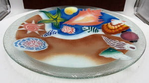 Peggy Karr Fused Glass Colorful Seashells Blown Glass Platter on Custom Forged Iron Stand Signed (2Pcs)