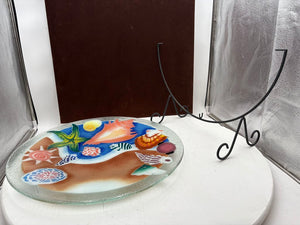 Peggy Karr Fused Glass Colorful Seashells Blown Glass Platter on Custom Forged Iron Stand Signed (2Pcs)