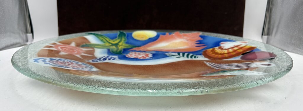 Peggy Karr Fused Glass Colorful Seashells Blown Glass Platter on Custom Forged Iron Stand Signed (2Pcs)