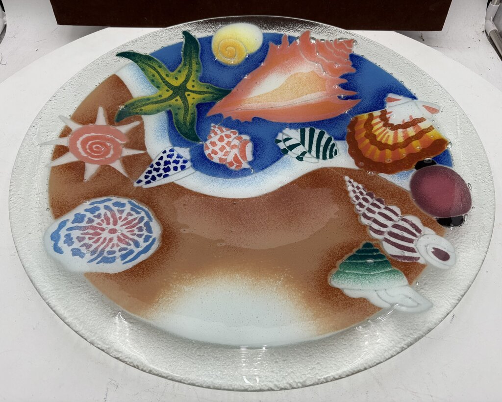 Peggy Karr Fused Glass Colorful Seashells Blown Glass Platter on Custom Forged Iron Stand Signed (2Pcs)