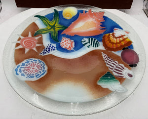 Peggy Karr Fused Glass Colorful Seashells Blown Glass Platter on Custom Forged Iron Stand Signed (2Pcs)
