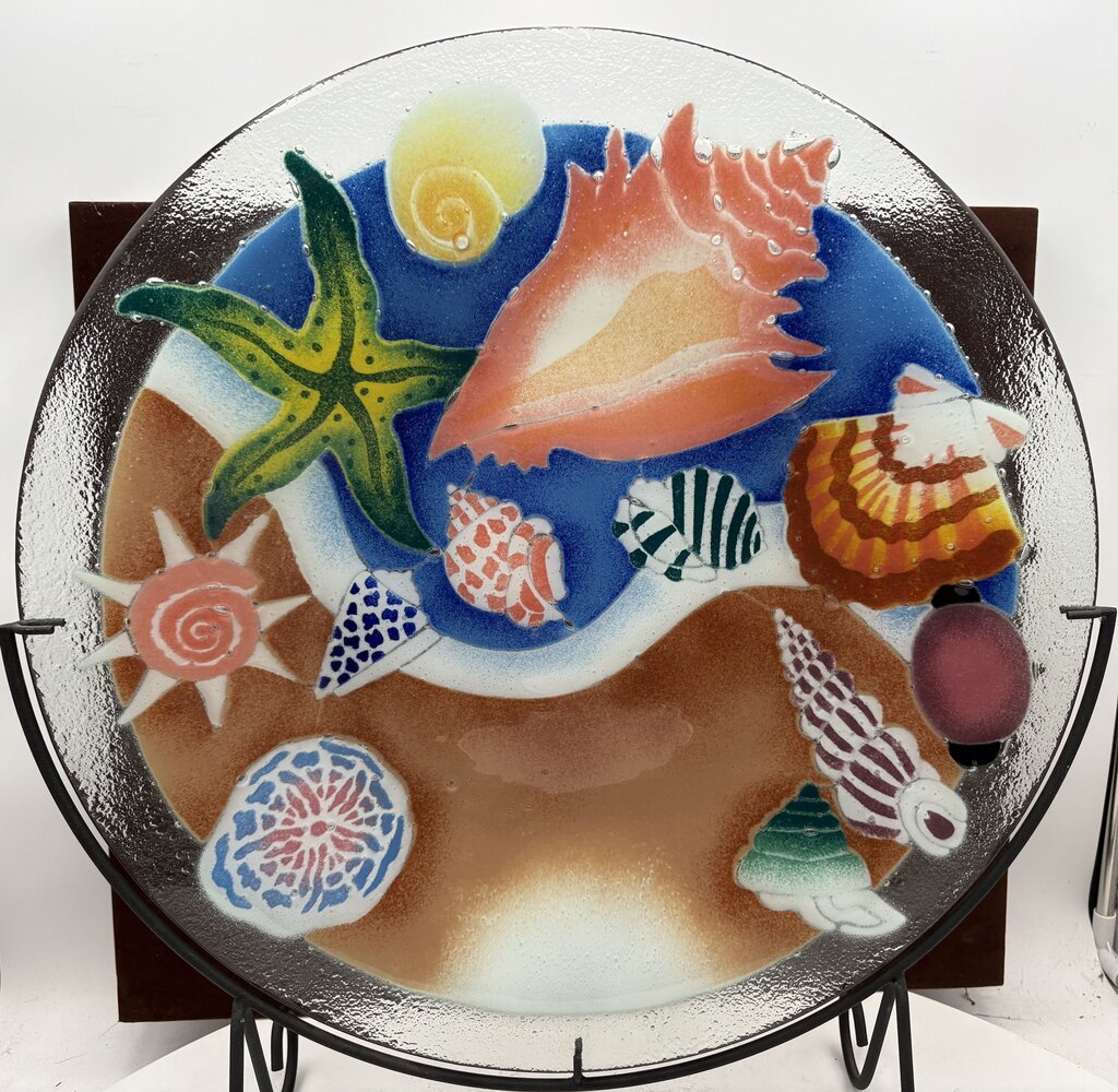 Peggy Karr Fused Glass Colorful Seashells Blown Glass Platter on Custom Forged Iron Stand Signed (2Pcs)