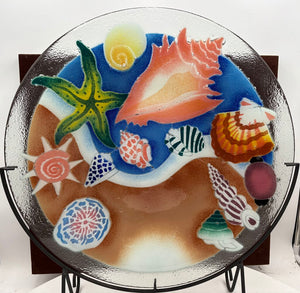 Peggy Karr Fused Glass Colorful Seashells Blown Glass Platter on Custom Forged Iron Stand Signed (2Pcs)