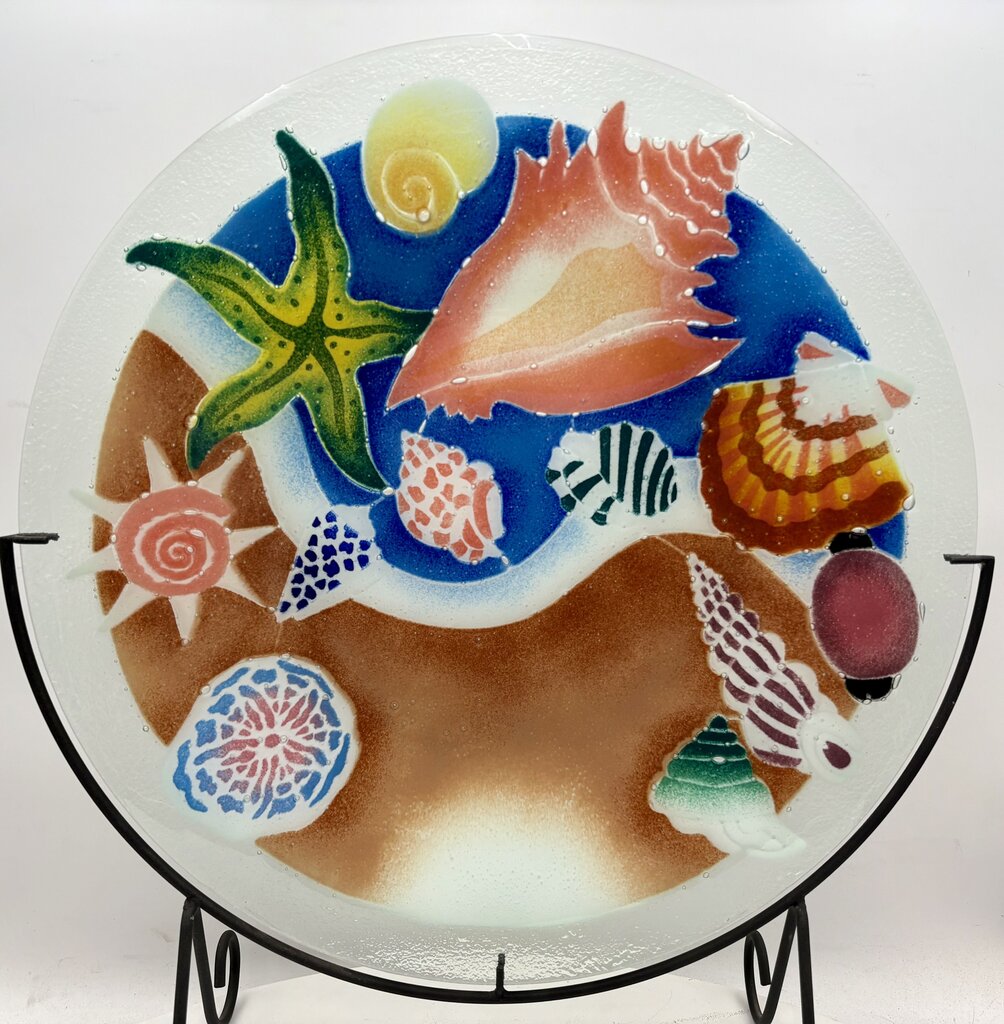 Peggy Karr Fused Glass Colorful Seashells Blown Glass Platter on Custom Forged Iron Stand Signed (2Pcs)