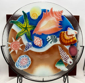Peggy Karr Fused Glass Colorful Seashells Blown Glass Platter on Custom Forged Iron Stand Signed (2Pcs)
