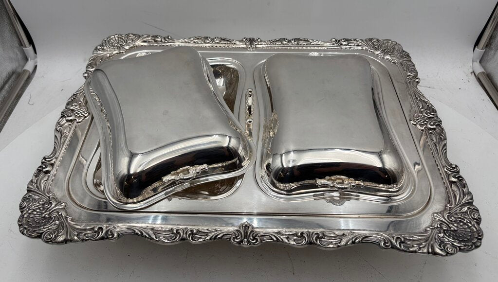 Wallace Christopher Wren Silver Plated Lidded Double Sided Footed Serving Tray (5Pcs)