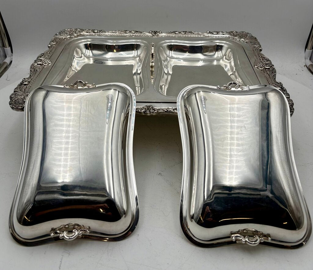 Wallace Christopher Wren Silver Plated Lidded Double Sided Footed Serving Tray (5Pcs)