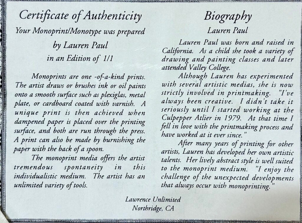 Lauren Paul "Spanish Flower" Original Mono Print Signed w/ Cert on Back