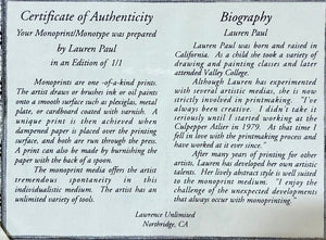 Lauren Paul "Spanish Flower" Original Mono Print Signed w/ Cert on Back