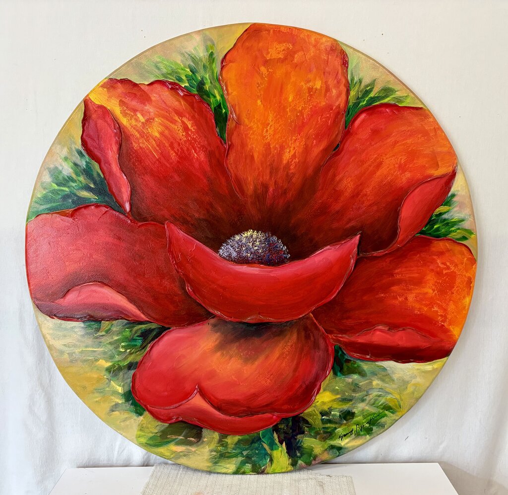 Large Round Acrylic Painting on Canvas Red Poppy Signed Artist Unknown