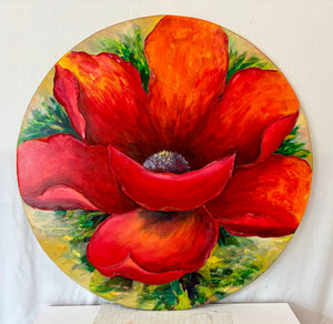 Large Round Acrylic Painting on Canvas Red Poppy Signed Artist Unknown