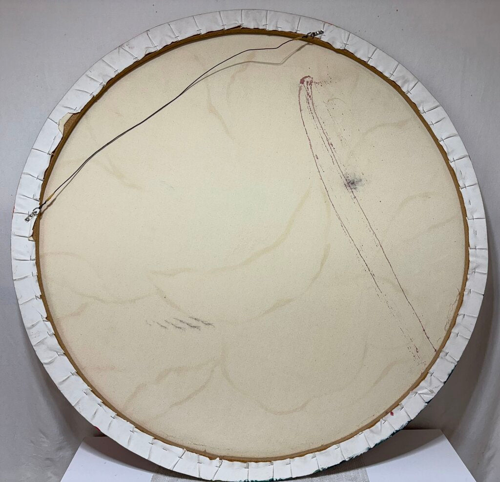 Large Round Acrylic Painting on Canvas Red Poppy Signed Artist Unknown