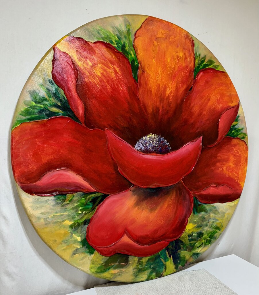 Large Round Acrylic Painting on Canvas Red Poppy Signed Artist Unknown