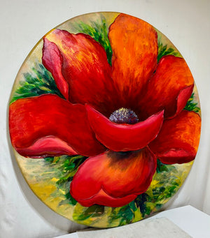 Large Round Acrylic Painting on Canvas Red Poppy Signed Artist Unknown