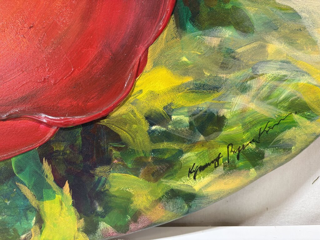 Large Round Acrylic Painting on Canvas Red Poppy Signed Artist Unknown
