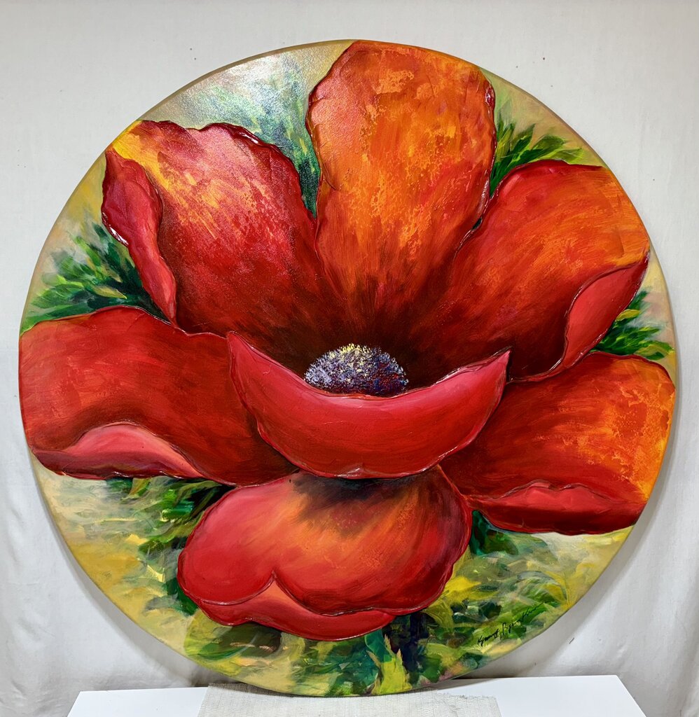 Large Round Acrylic Painting on Canvas Red Poppy Signed Artist Unknown