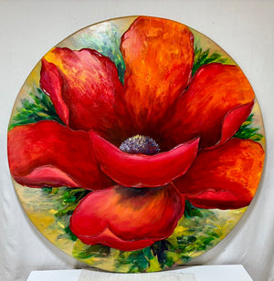 Large Round Acrylic Painting on Canvas Red Poppy Signed Artist Unknown