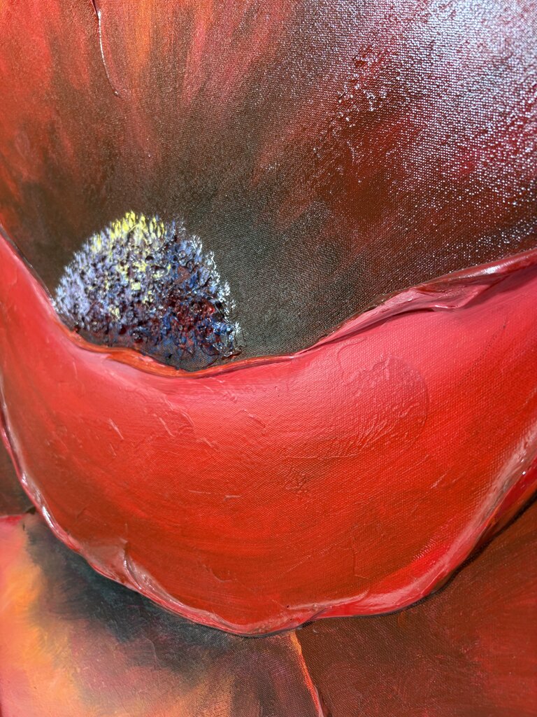Large Round Acrylic Painting on Canvas Red Poppy Signed Artist Unknown