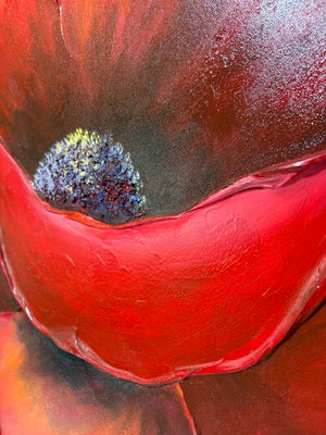 Large Round Acrylic Painting on Canvas Red Poppy Signed Artist Unknown