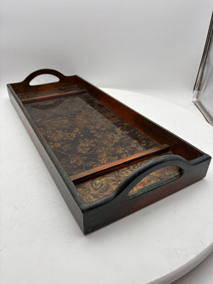 Wooden Floral Motif Glass Bottom 2 Handled Tray
