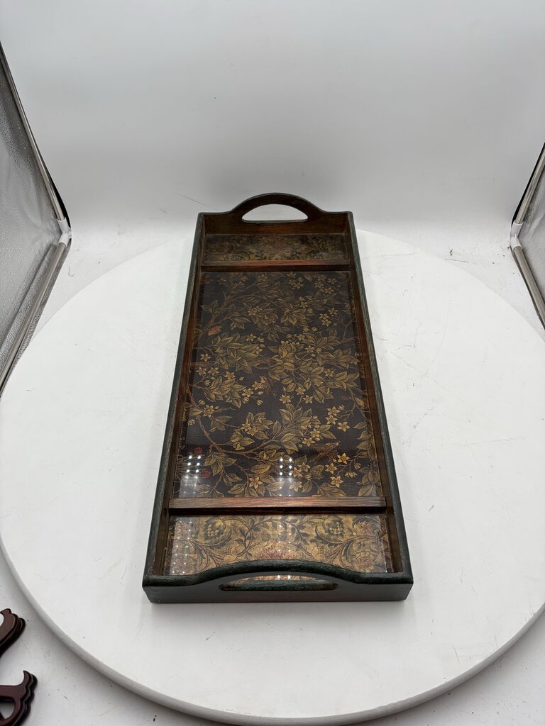 Wooden Floral Motif Glass Bottom 2 Handled Tray