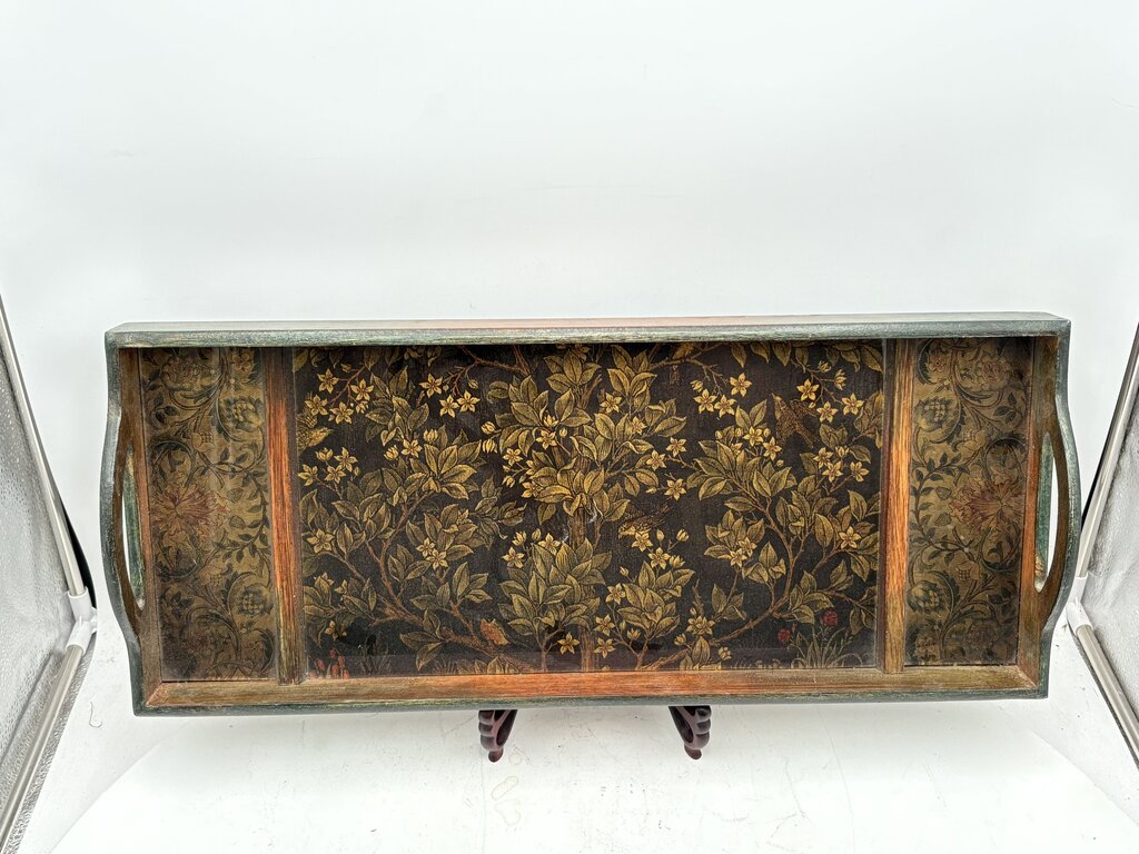 Wooden Floral Motif Glass Bottom 2 Handled Tray